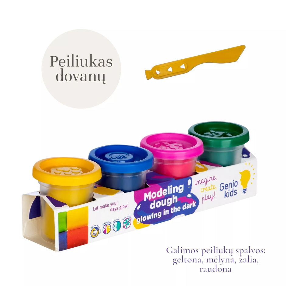 Genio Kids natūralus plastilinas - modelinas  4 šviečiančios tamsoje spalvos po 50 g